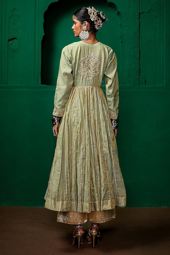 Sage Green Tissue Chanderi Zardosi Embroidered Kurta Set by Charu Makkar at Pernia's Pop Up Shop