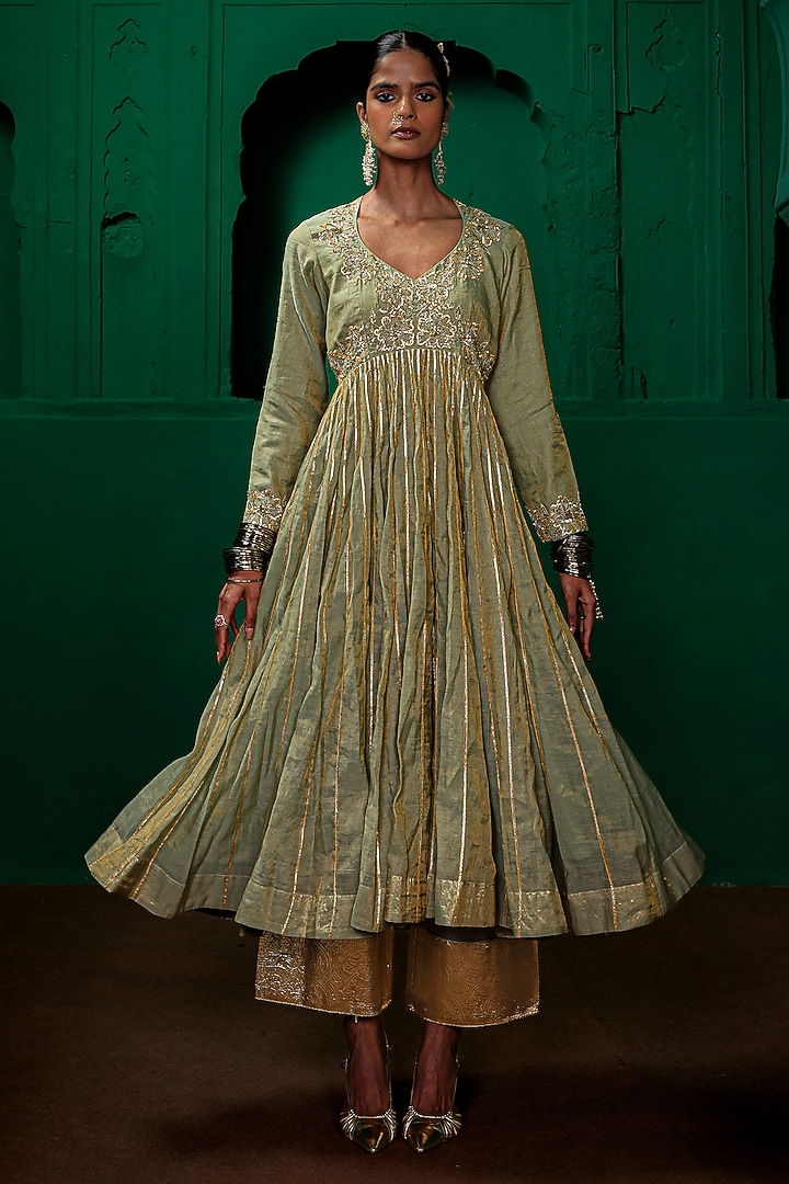 Sage Green Tissue Chanderi Zardosi Embroidered Kurta Set by Charu Makkar at Pernia's Pop Up Shop