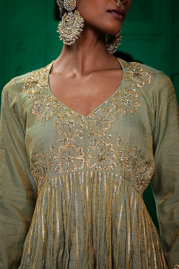 Sage Green Tissue Chanderi Zardosi Embroidered Kurta Set by Charu Makkar at Pernia's Pop Up Shop