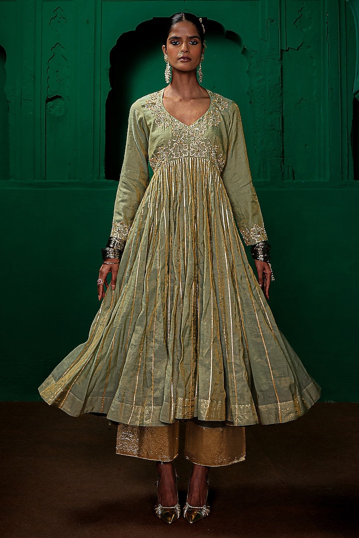 Sage Green Tissue Chanderi Zardosi Embroidered Kurta Set by Charu Makkar at Pernia's Pop Up Shop