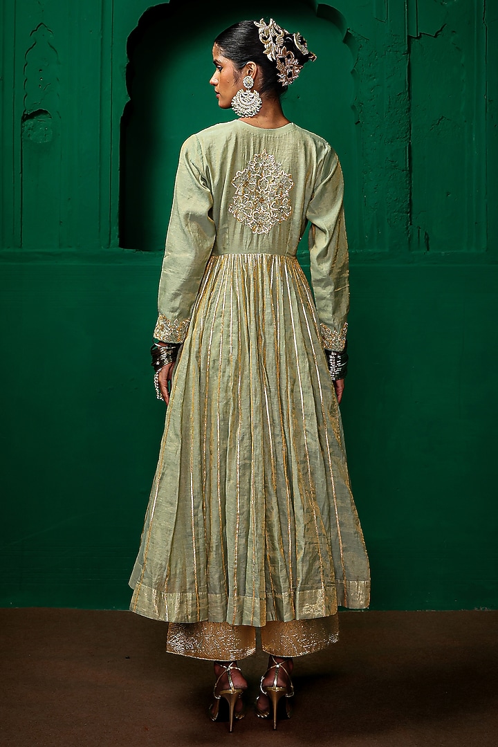 Sage Green Tissue Chanderi Zardosi Embroidered Kurta Set by Charu Makkar at Pernia's Pop Up Shop