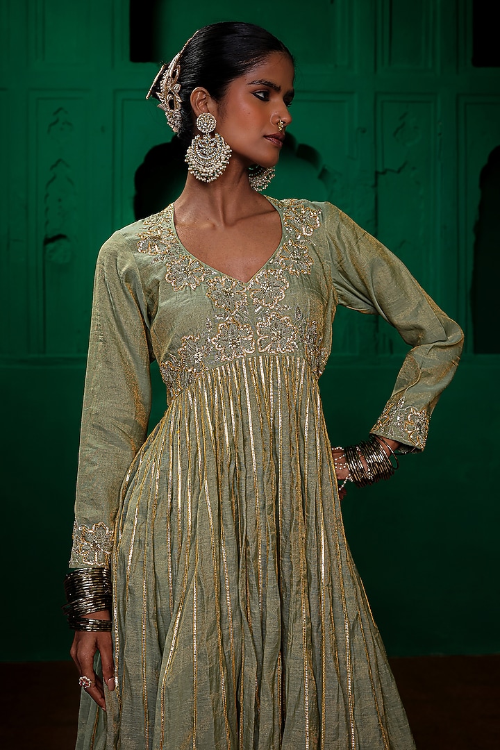 Sage Green Tissue Chanderi Zardosi Embroidered Kurta Set by Charu Makkar at Pernia's Pop Up Shop
