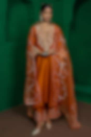 Rust Orange Dupion Silk Zardosi Embroidered Kurta Set by Charu Makkar at Pernia's Pop Up Shop