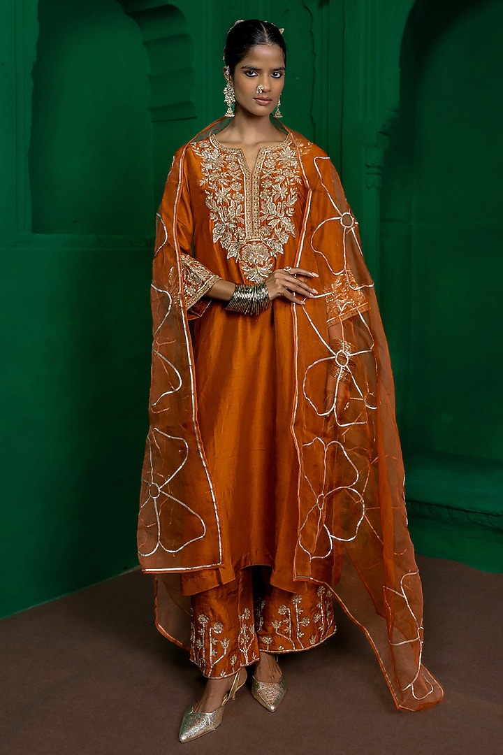 Rust Orange Dupion Silk Zardosi Embroidered Kurta Set by Charu Makkar at Pernia's Pop Up Shop