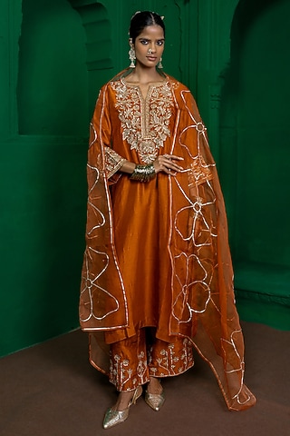 Rust Orange Dupion Silk Zardosi Embroidered Kurta Set by Charu Makkar