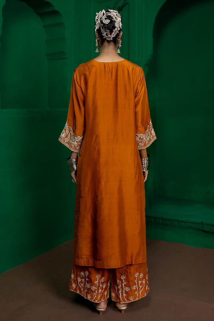 Rust Orange Dupion Silk Zardosi Embroidered Kurta Set by Charu Makkar at Pernia's Pop Up Shop