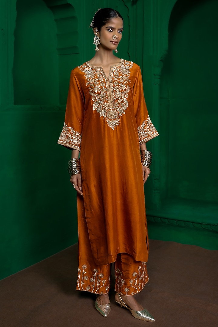 Rust Orange Dupion Silk Zardosi Embroidered Kurta Set by Charu Makkar at Pernia's Pop Up Shop