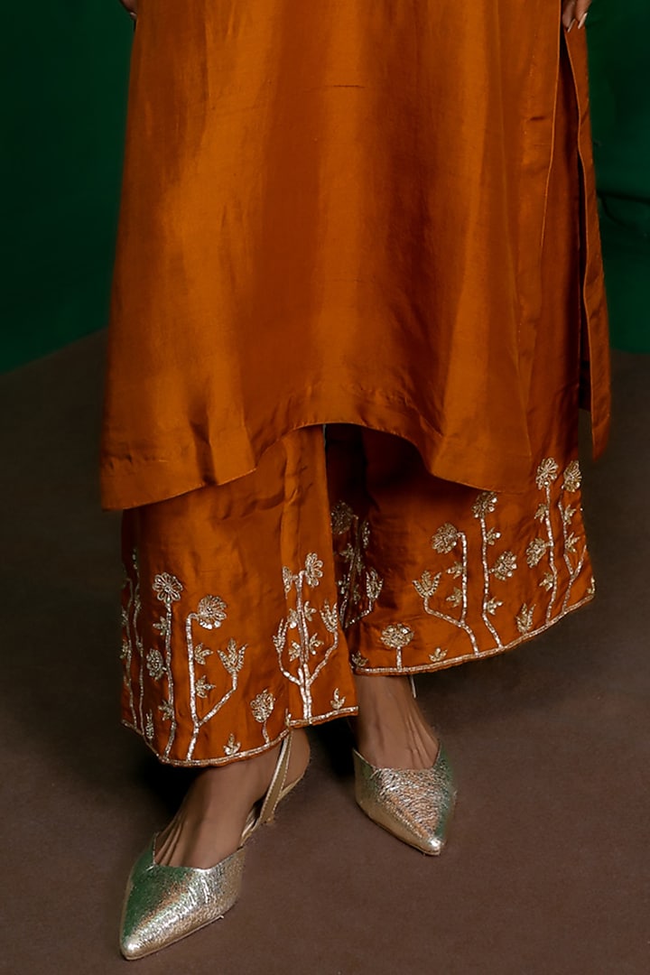 Rust Orange Dupion Silk Zardosi Embroidered Kurta Set by Charu Makkar at Pernia's Pop Up Shop
