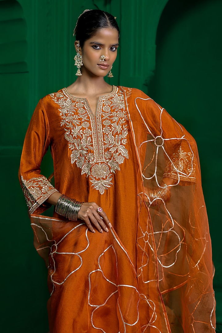 Rust Orange Dupion Silk Zardosi Embroidered Kurta Set by Charu Makkar at Pernia's Pop Up Shop