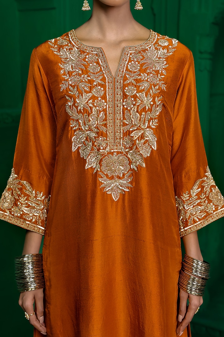 Rust Orange Dupion Silk Zardosi Embroidered Kurta Set by Charu Makkar at Pernia's Pop Up Shop
