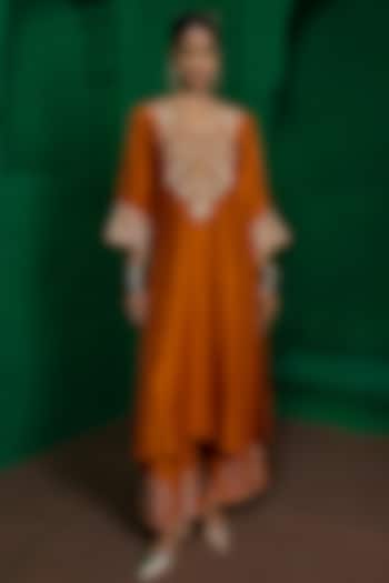 Rust Orange Dupion Silk Zardosi Embroidered Kurta Set by Charu Makkar at Pernia's Pop Up Shop