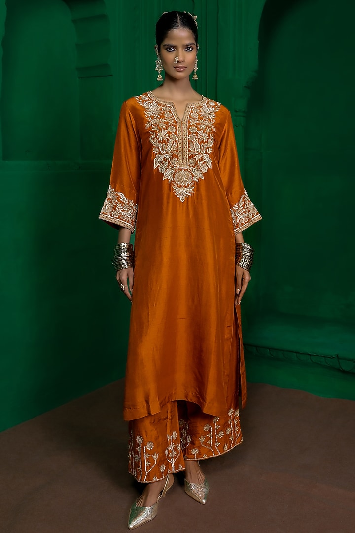 Rust Orange Dupion Silk Zardosi Embroidered Kurta Set by Charu Makkar at Pernia's Pop Up Shop
