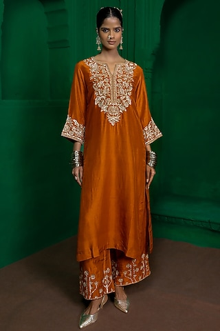 Rust Orange Dupion Silk Zardosi Embroidered Kurta Set by Charu Makkar