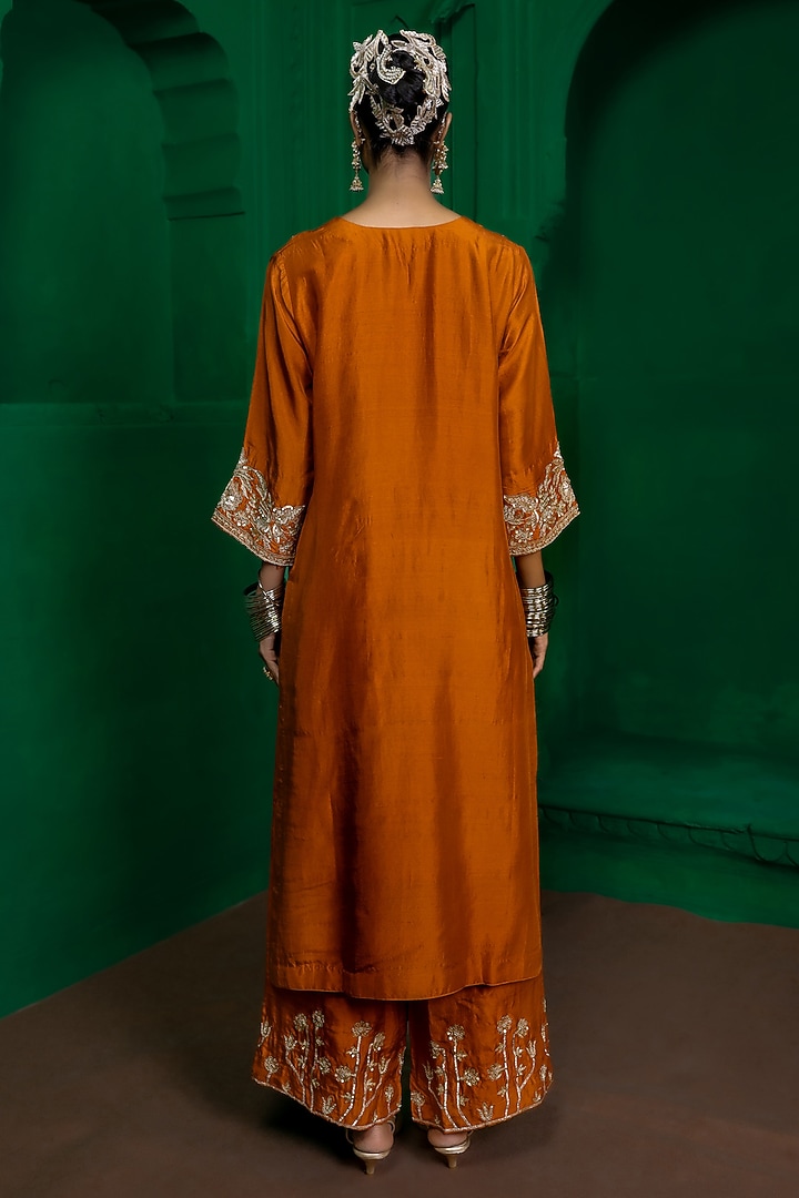 Rust Orange Dupion Silk Zardosi Embroidered Kurta Set by Charu Makkar at Pernia's Pop Up Shop