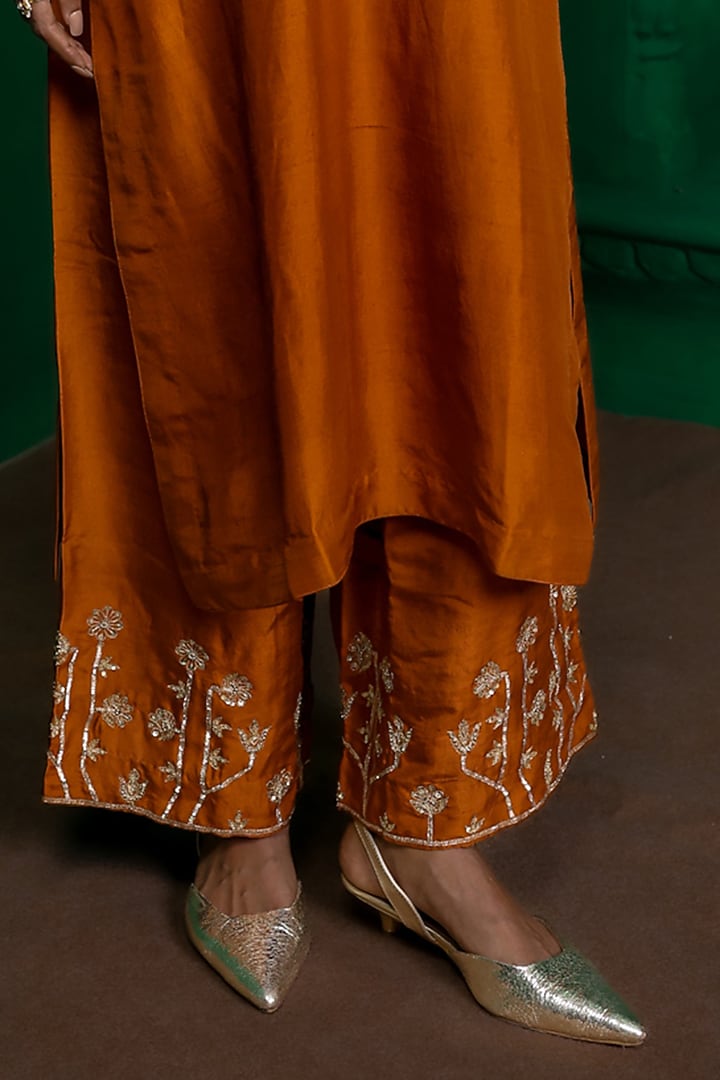 Rust Orange Dupion Silk Zardosi Embroidered Kurta Set by Charu Makkar at Pernia's Pop Up Shop