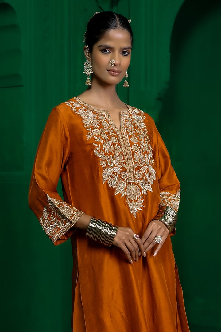 Rust Orange Dupion Silk Zardosi Embroidered Kurta Set by Charu Makkar at Pernia's Pop Up Shop
