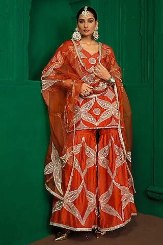 Rust Dupion Silk Gharara Set by Charu Makkar
