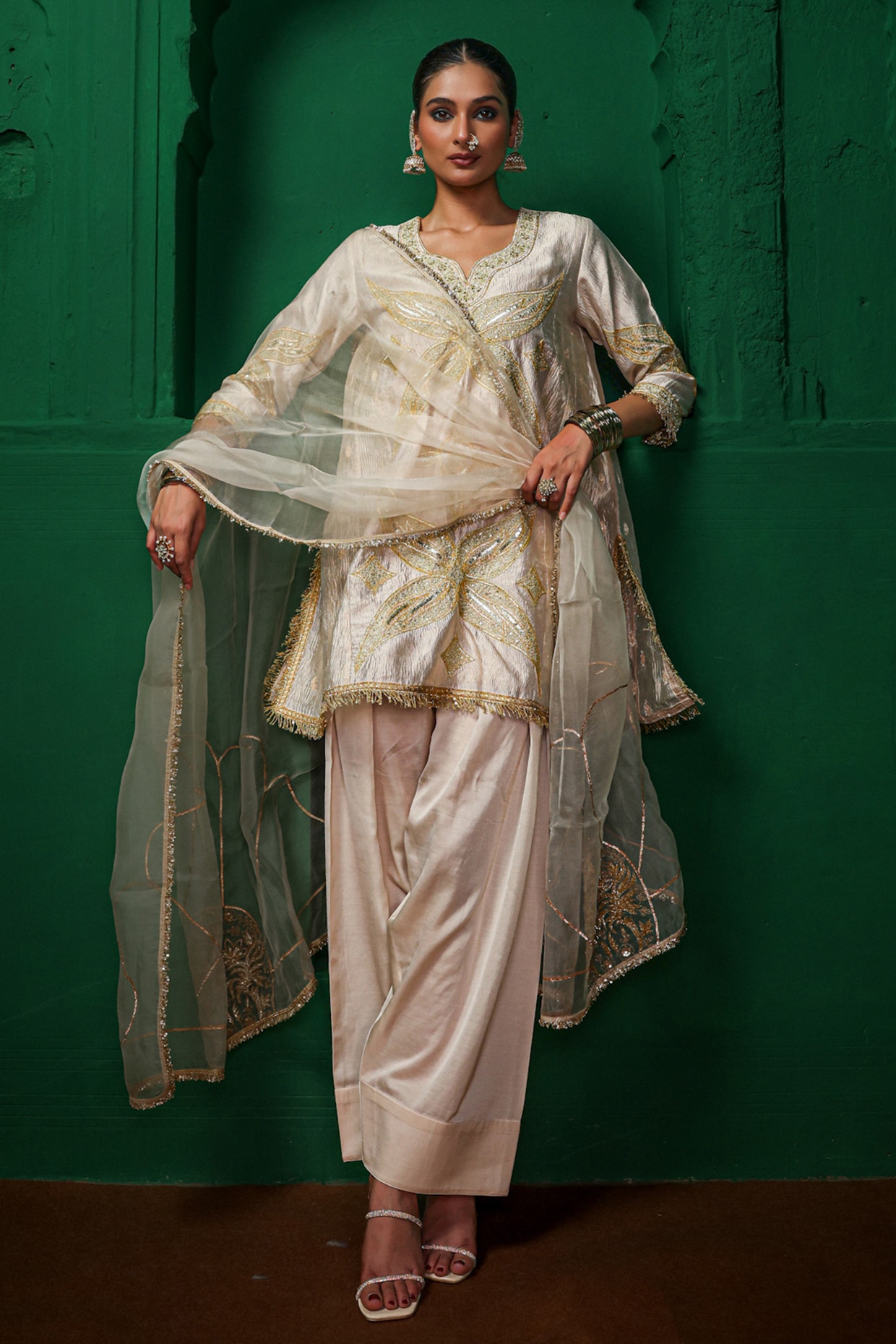 Charu Makkar Pearl-Colored Crushed Tissue & Modal Satin Zardosi Embroidered Kurta Set