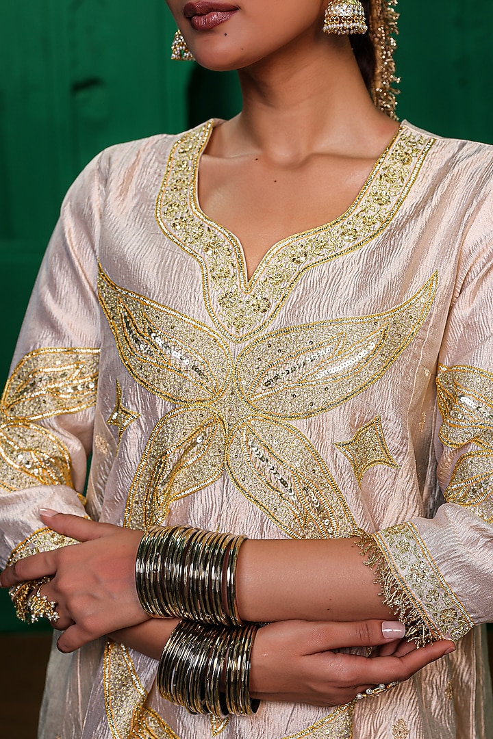 Pearl-Colored Crushed Tissue & Modal Satin Zardosi Embroidered Kurta Set by Charu Makkar at Pernia's Pop Up Shop