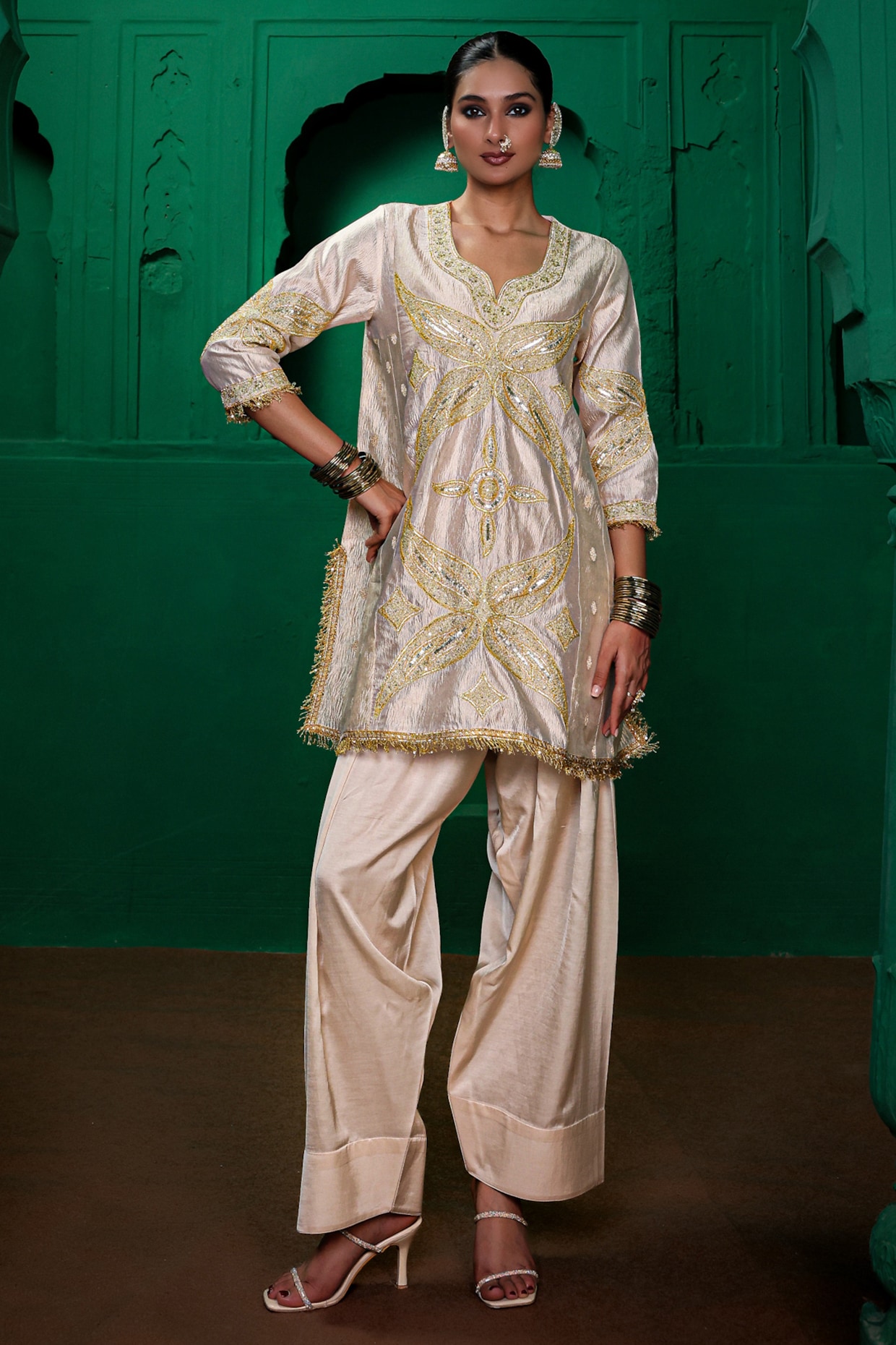 Charu Makkar Pearl-Colored Crushed Tissue & Modal Satin Zardosi Embroidered Kurta Set