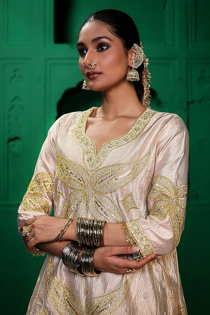Pearl-Colored Crushed Tissue & Modal Satin Zardosi Embroidered Kurta Set by Charu Makkar at Pernia's Pop Up Shop
