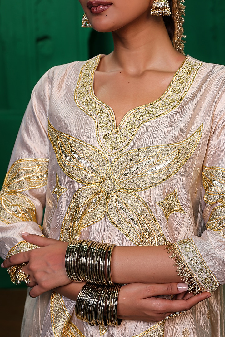 Pearl-Colored Crushed Tissue & Modal Satin Zardosi Embroidered Kurta Set by Charu Makkar at Pernia's Pop Up Shop