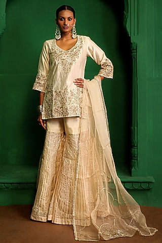 Pearl-Colored  Organza Gharara Set by Charu Makkar