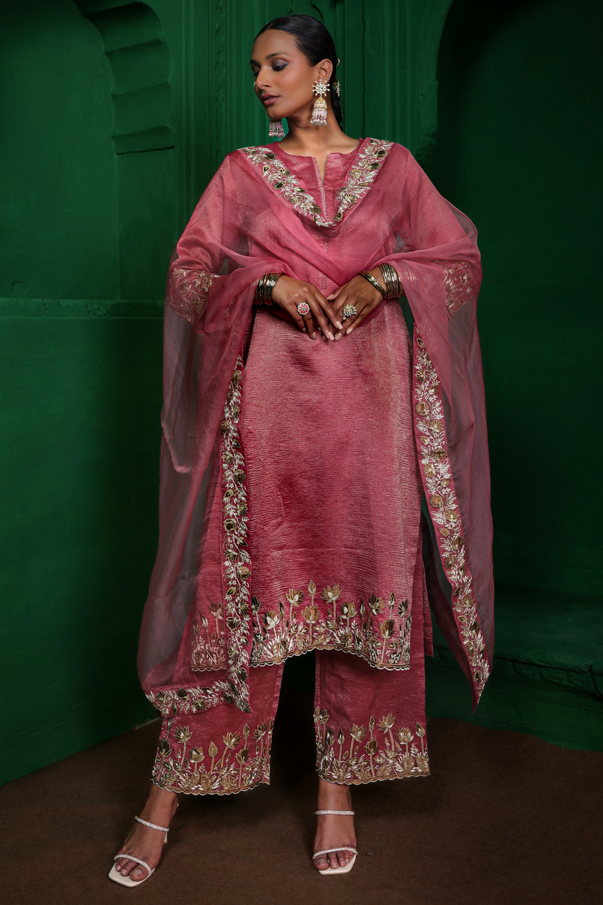 Charu Makkar Old Rose Tissue Chanderi Aari Embroidered Kurta Set