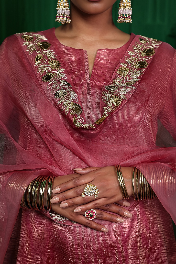 Old Rose Tissue Chanderi Aari Embroidered Kurta Set by Charu Makkar at Pernia's Pop Up Shop