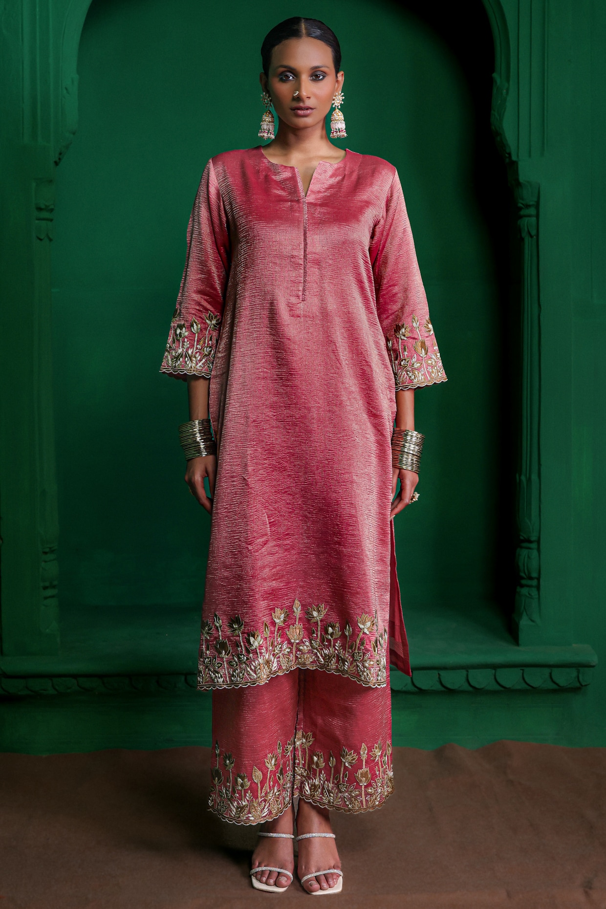 Charu Makkar Old Rose Tissue Chanderi Aari Embroidered Kurta Set