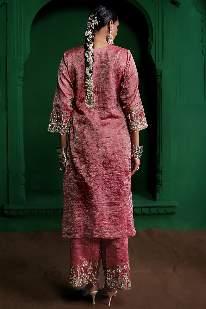 Old Rose Tissue Chanderi Aari Embroidered Kurta Set by Charu Makkar at Pernia's Pop Up Shop