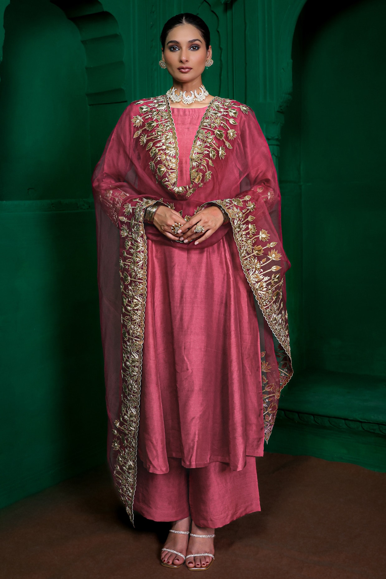 Charu Makkar Old Rose Dupion Silk Aari Embroidered Kurta Set