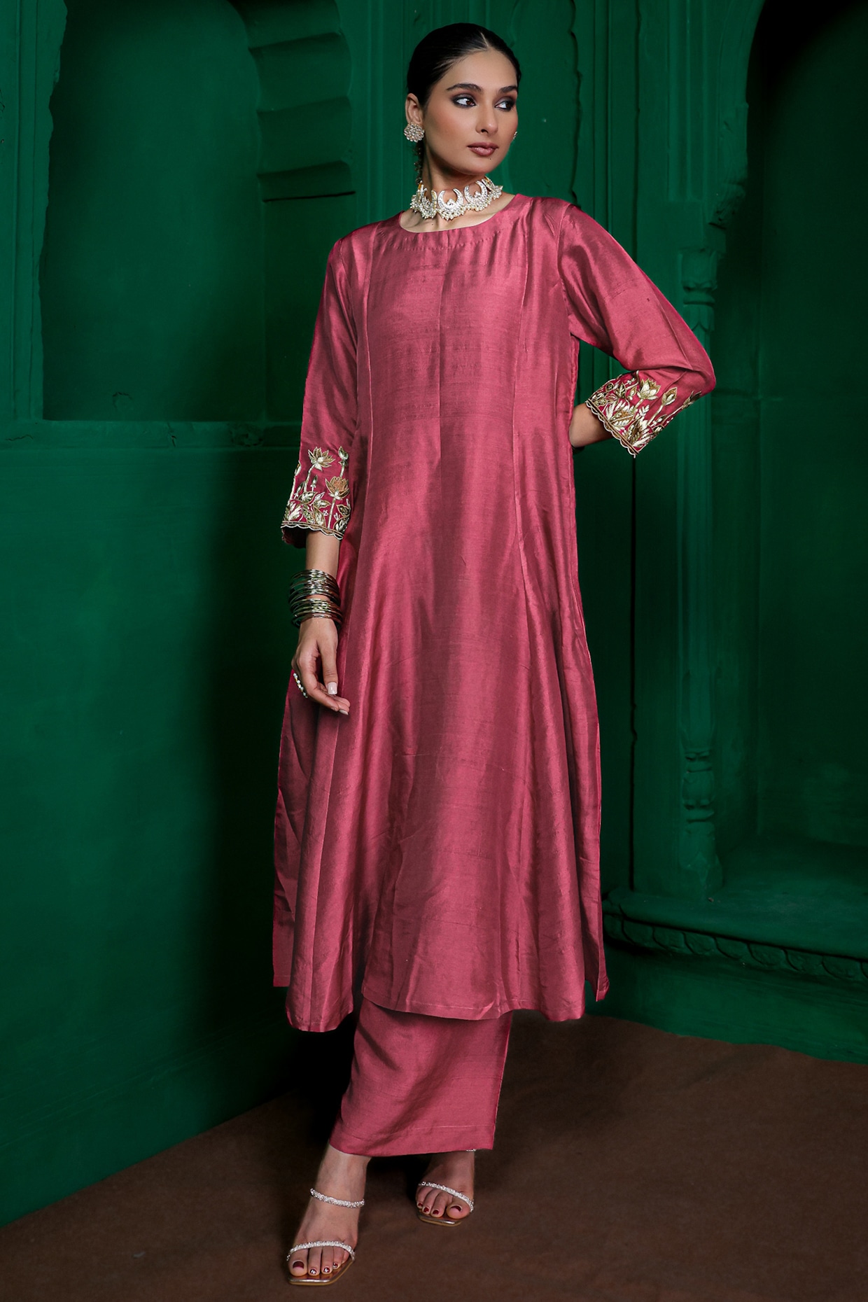 Charu Makkar Old Rose Dupion Silk Aari Embroidered Kurta Set