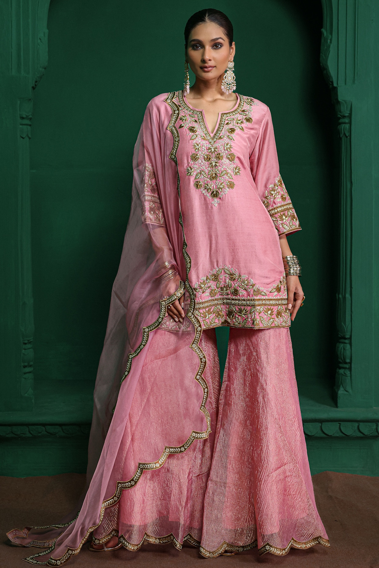 Charu Makkar Rose Pink Dupion Silk Aari Embroidered Gharara Set