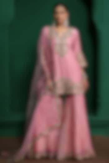 Rose Pink Dupion Silk Aari Embroidered Gharara Set by Charu Makkar at Pernia's Pop Up Shop