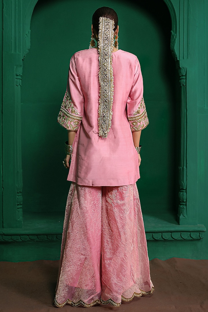 Rose Pink Dupion Silk Aari Embroidered Gharara Set by Charu Makkar at Pernia's Pop Up Shop