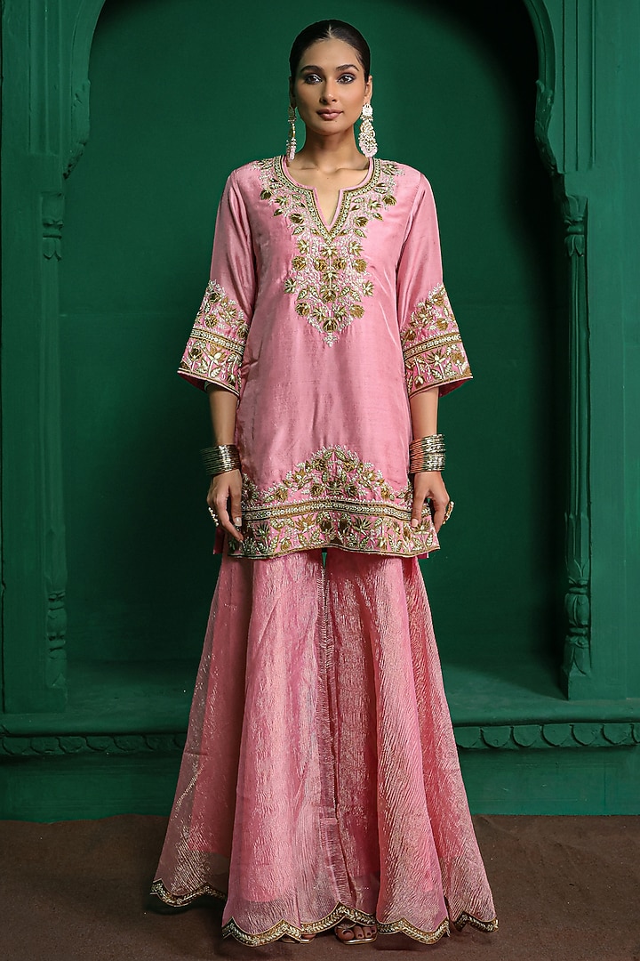 Rose Pink Dupion Silk Aari Embroidered Gharara Set by Charu Makkar at Pernia's Pop Up Shop