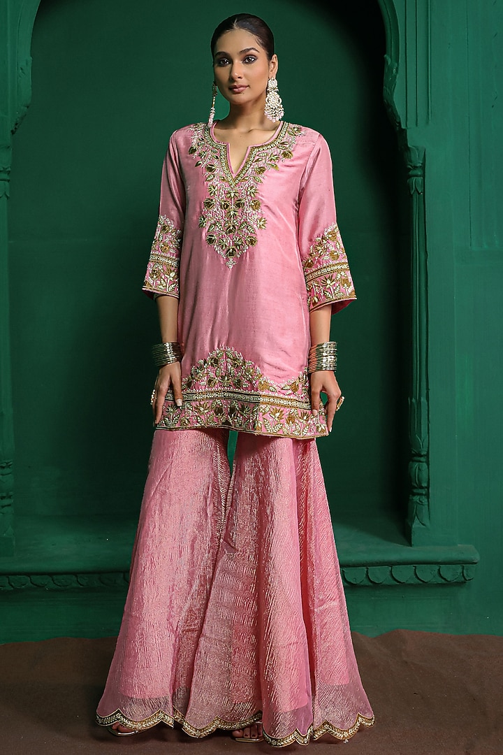 Rose Pink Dupion Silk Aari Embroidered Gharara Set by Charu Makkar at Pernia's Pop Up Shop