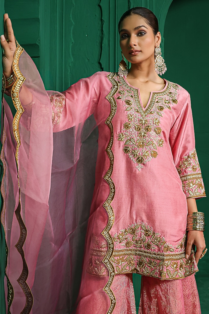 Rose Pink Dupion Silk Aari Embroidered Gharara Set by Charu Makkar at Pernia's Pop Up Shop