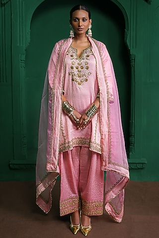 Rose Pink Crushed Tissue Aari Embroidered Kurta Set by Charu Makkar