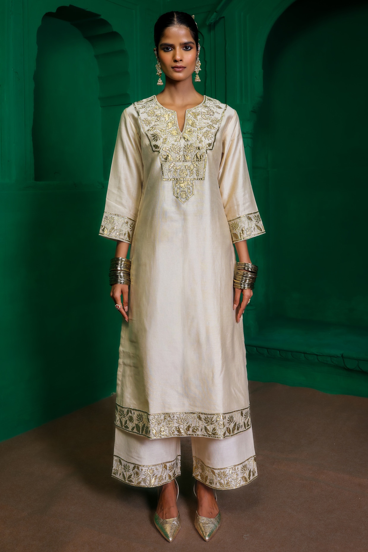 Charu Makkar Pearl-Colored Silk Chanderi Applique Embroidered Kurta Set