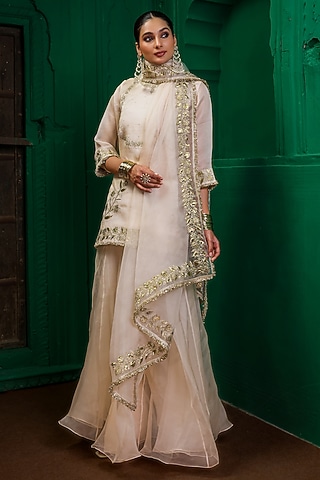 Pearl-Colored Organza Sharara Set by Charu Makkar