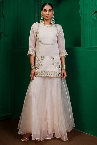 Pearl-Colored Organza Sharara Set by Charu Makkar