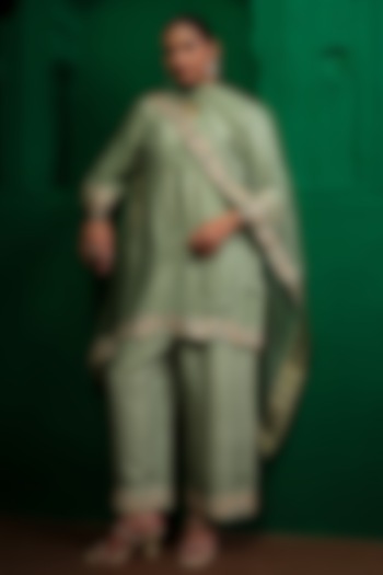 Sage Green Slub Raw Silk Aari Embroidered Kurta Set by Charu Makkar at Pernia's Pop Up Shop