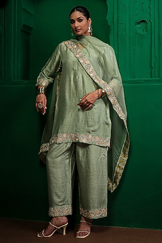 Sage Green Slub Raw Silk Aari Embroidered Kurta Set by Charu Makkar