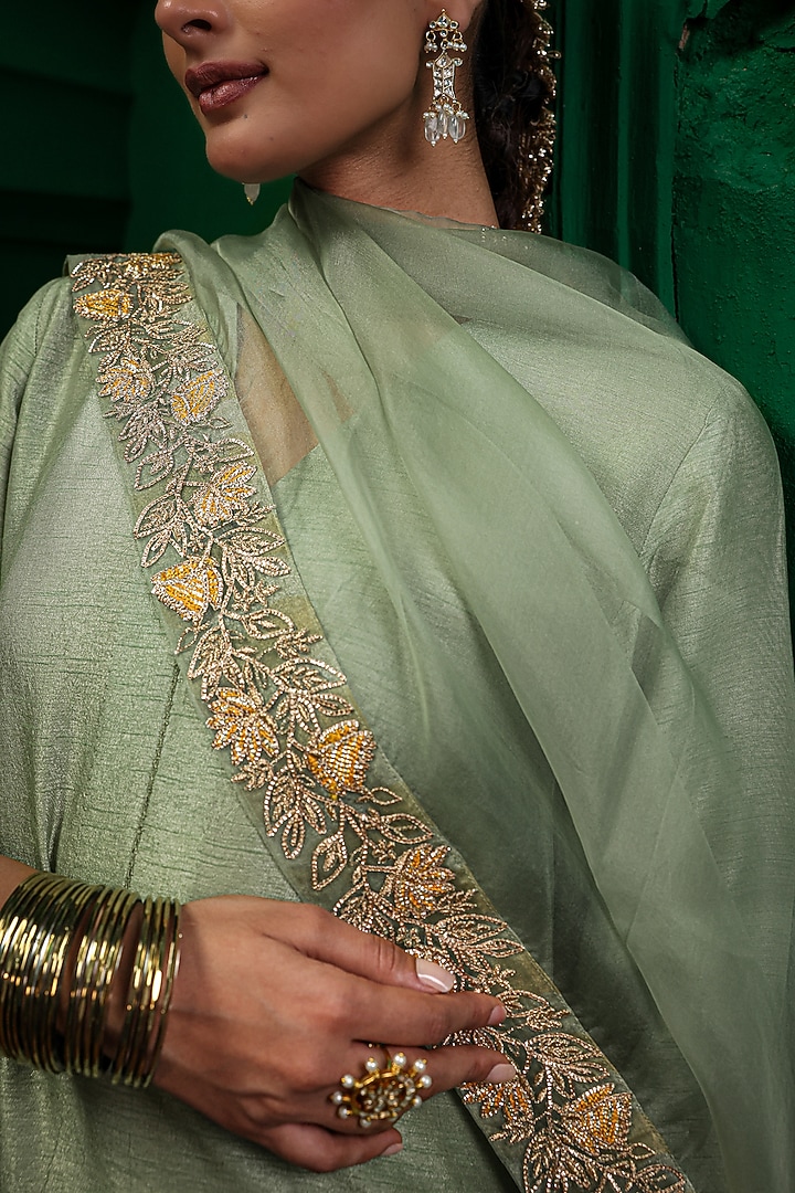 Sage Green Slub Raw Silk Aari Embroidered Kurta Set by Charu Makkar at Pernia's Pop Up Shop