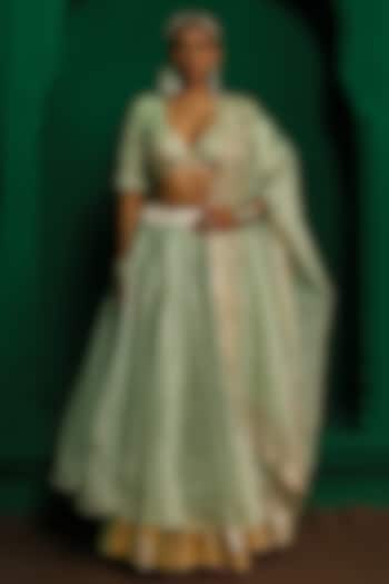 Sage Green Organza Applique Embroidered Wedding Lehenga Set by Charu Makkar at Pernia's Pop Up Shop