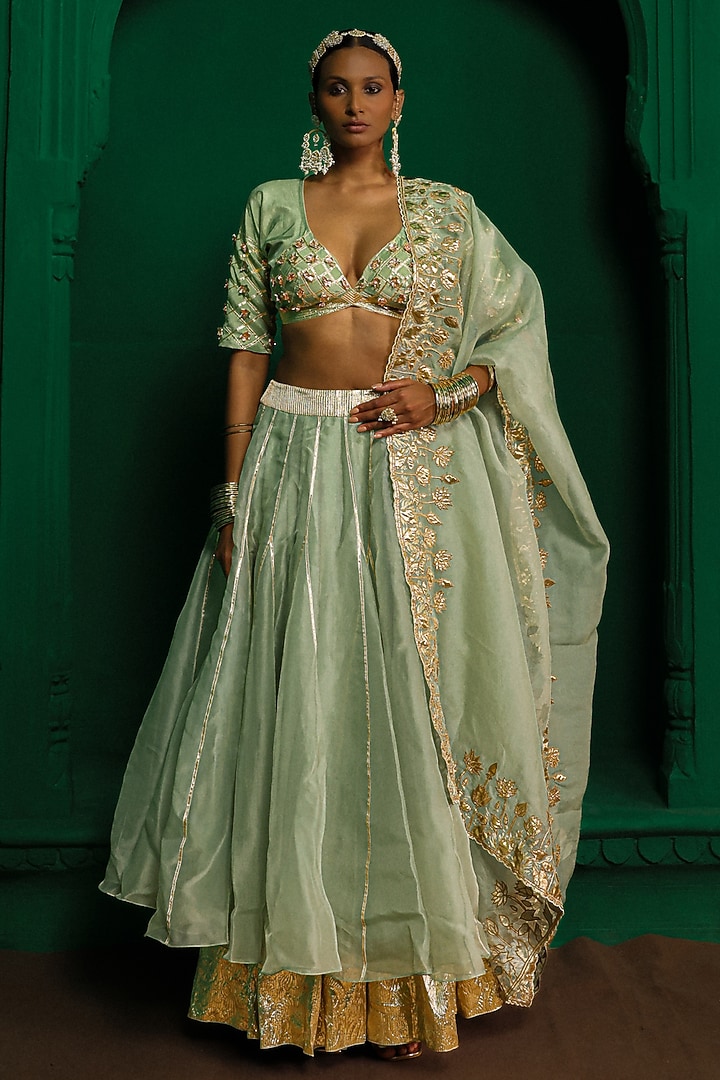 Sage Green Organza Applique Embroidered Wedding Lehenga Set by Charu Makkar at Pernia's Pop Up Shop