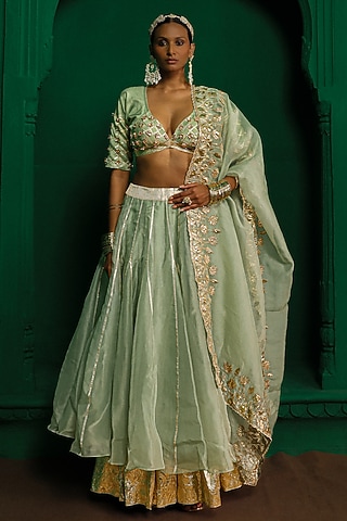 Sage Green Organza Applique Embroidered Lehenga Set by Charu Makkar