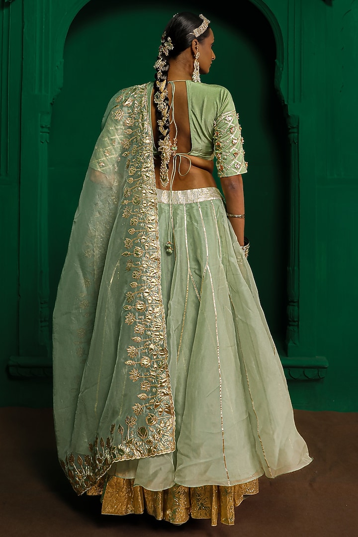 Sage Green Organza Applique Embroidered Wedding Lehenga Set by Charu Makkar at Pernia's Pop Up Shop